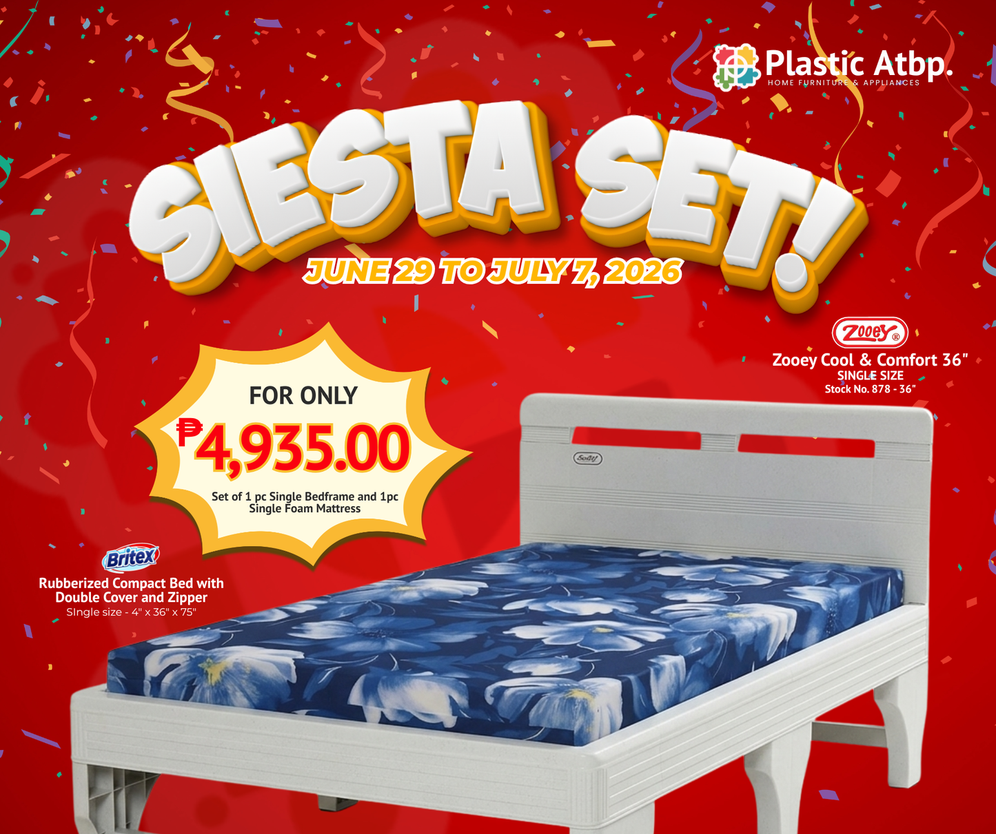 SIESTA SET! Zooey Cool & Comfort Bed Frame and Britex Rubberized Compact Foam Mattress w/ Zipper Cover