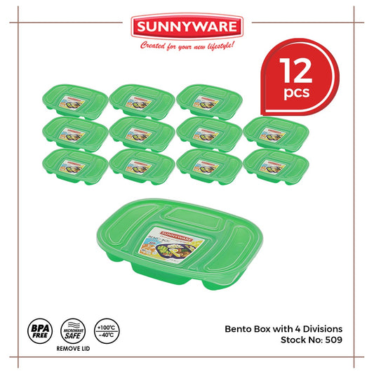 12pcs Bento Box with 4 Divisions [Sunnyware 509] | Plasticware | Lunch Box | Food Keeper | BPA Free