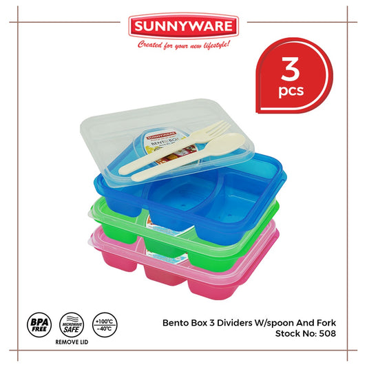 3 pcs Sunnyware 508 Bento Box - 3 Divisions Lunch Box w/ Spoon Fork