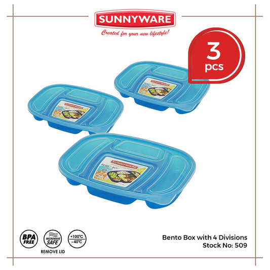 3pcs Bento Box with 4 Divisions [Sunnyware 509] | Plasticware | Lunch Box | Kitchenware | BPA Free
