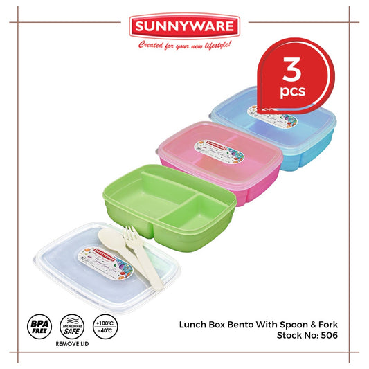 3pcs Lunch Box Bento With Spoon & Fork [Sunnyware 506] | Plasticware | Food Storage | BPA Free