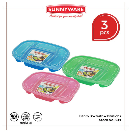 3pcs Bento Box with 4 Divisions [Sunnyware 509] | Plasticware | Lunch Box | Kitchenware | BPA Free