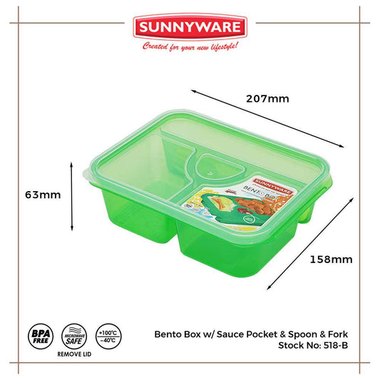 Sunnyware 518-Big Bento Box w/ Sauce Pocket & Spoon & Fork