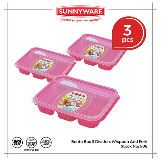 3 pcs Sunnyware 508 Bento Box - 3 Divisions Lunch Box w/ Spoon Fork