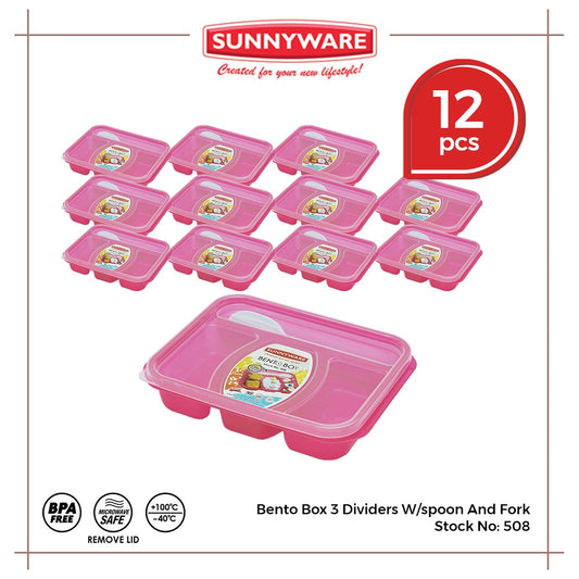 12pcs Bento Box 3 Dividers w/ Spoon and Fork [Sunnyware 508] | Plasticware | Lunch Box | BPA Free